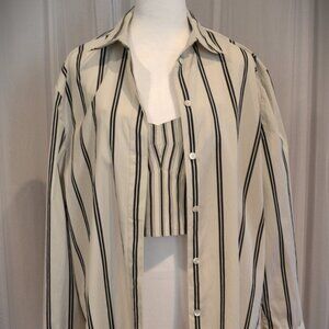 THEORY Shirt Set, Size L, Cream/Black Stripes